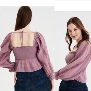 Cottagecore Mauve Smocked Peplum Blouse XL Crochet Lace Balloon Sleeve Cotton